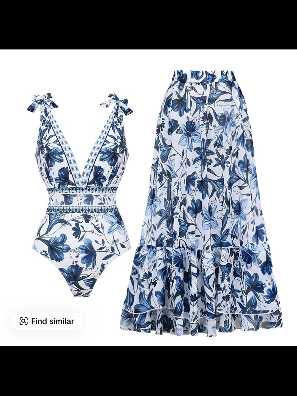 Blue Floral Plunge One-Piece Swimsuit with Matching Maxi Cover-Up